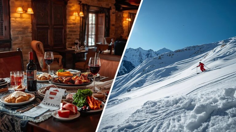 Price and conditions comparison: Bansko or the Alps New Year 2026 - luxury dinner versus ski slopes.