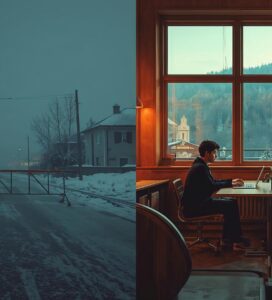 Колаж показващ празните улици на Банско по време на карантината през 2020 и работещи дигитални номади в коуъркинг пространство.