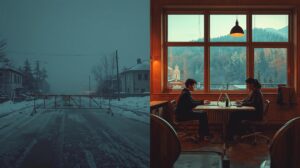 A collage showing the empty streets of Bansko during the 2020 quarantine and working digital nomads in a coworking space.