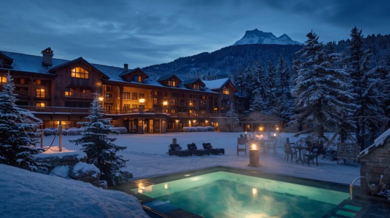 Luxury SPA hotel in Bansko with outdoor pool and view of Pirin Mountain in winter