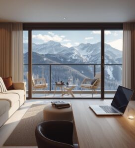 Модерен Airbnb апартамент в Банско с лаптоп на бюро и панорамна гледка към заснежения Пирин