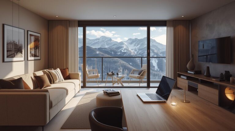 Modern Airbnb apartment in Bansko with a laptop on the desk and panoramic views of the snow-capped Pirin Mountains