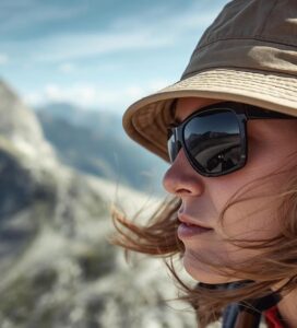 урист с ветроустойчива шапка с връзка и слънчеви очила на ветровит ръб в Пирин.