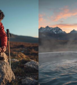 Турист си почива след преход и релакс в минерален басейн в село Баня до Банско.