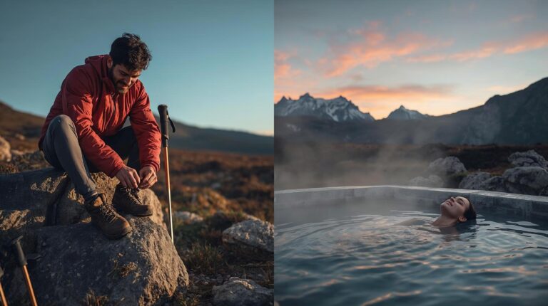 A tourist rests after a hike and relaxes in a mineral pool in the village of Banya near Bansko.
