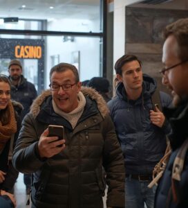 Група израелски туристи в хотелско лоби в Банско с охрана