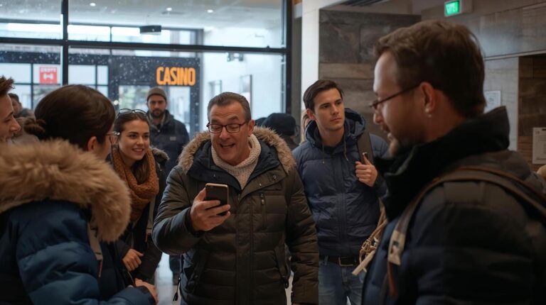 A group of Israeli tourists in a hotel lobby in Bansko with security guards