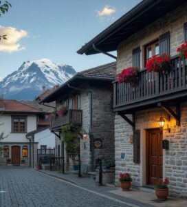 Традиционна къща за гости в Банско с каменна архитектура и дървени чардаци