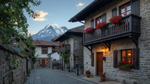 Traditional guest house in Bansko with stone architecture and wooden verandas