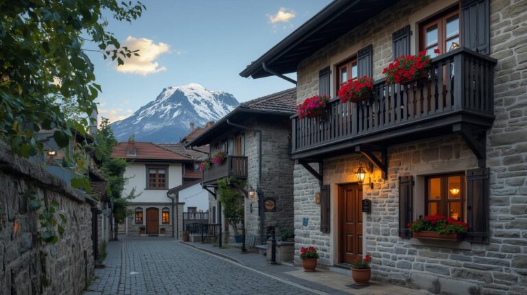 Traditional guest house in Bansko with stone architecture and wooden verandas