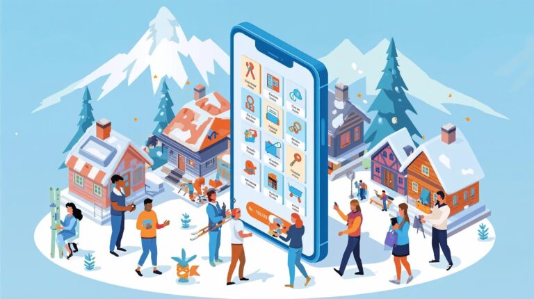 Isometric illustration of a digital marketplace in Bansko: a large smartphone with ads, surrounded by people exchanging ski equipment and services against the backdrop of a snowy mountain and alpine houses.