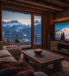 ютна стая в Банско с гледка към Пирин и пуснат ски филм на телевизора