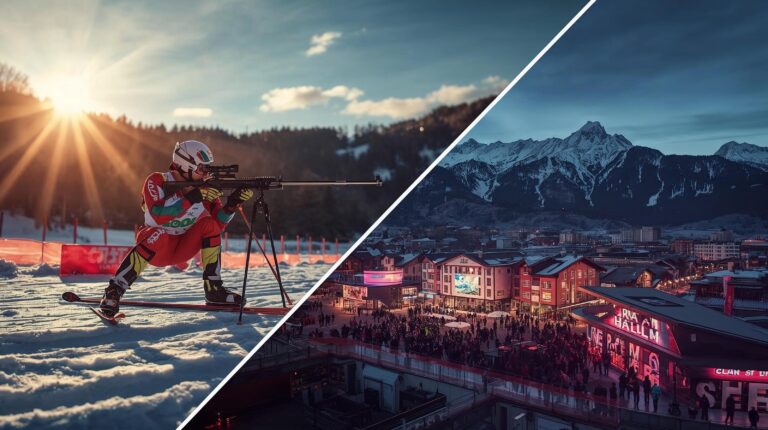 A collage of sporting events, modern establishments and the festival atmosphere in Bansko in 2013.