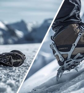 Сравнение между гумени верижки за лед и метални алпийски котки върху сняг.