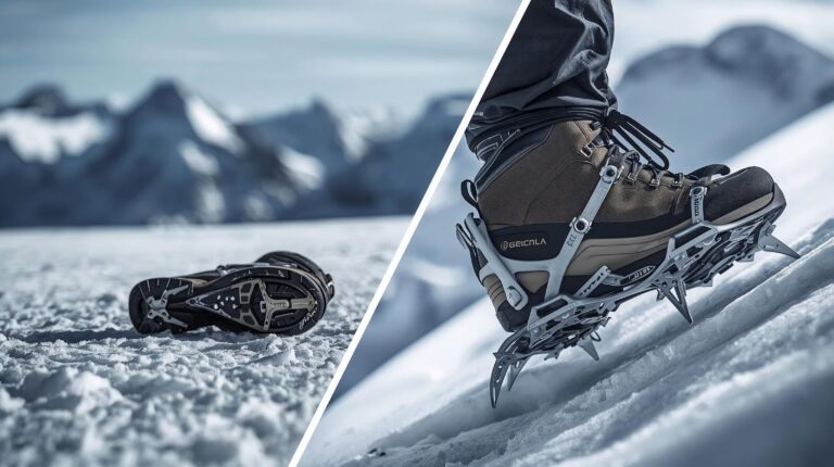 Comparison between rubber ice chains and metal alpine crampons on snow.