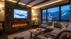 Луксозна камина в апартамент в Банско с изглед към планината