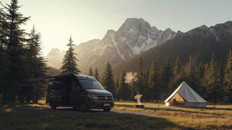 A modern campsite for campers and tents at the foot of the Pirin Mountain near Bansko.