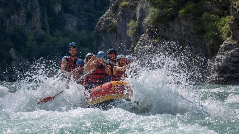 Rafting boat with crew in the rapids of the Struma River near Bansko