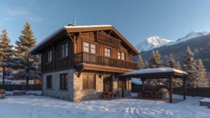 Two-story house in Bansko with a large yard and views of the Pirin Mountains in winter