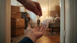 Предаване на ключове в нов дом с кашони за преместване на заден план.