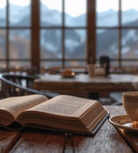 Отворена книга и чаша чай на дървена маса с гледка към Пирин планина в Банско.