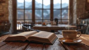 An open book and a cup of tea on a wooden table with a view of the Pirin Mountains in Bansko.