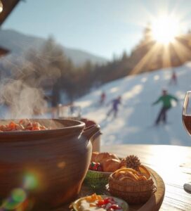 Празнична трапеза с банска капама и скиори на пистите в Банско на Коледа