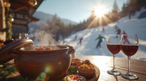 Festive table with Bansko kapama and skiers on the slopes in Bansko at Christmas
