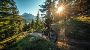 Mountain biker (MTB) on a forest trail in Bansko with Pirin Mountain in the background