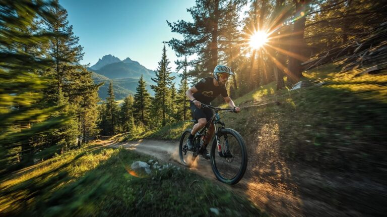 Mountain biker (MTB) on a forest trail in Bansko with Pirin Mountain in the background