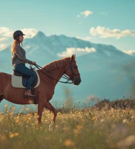 Жена язди кон на фона на Пирин планина в района на Банско и Разлог