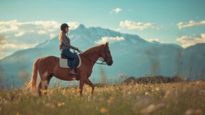 A woman rides a horse against the backdrop of the Pirin Mountains in the Bansko and Razlog region