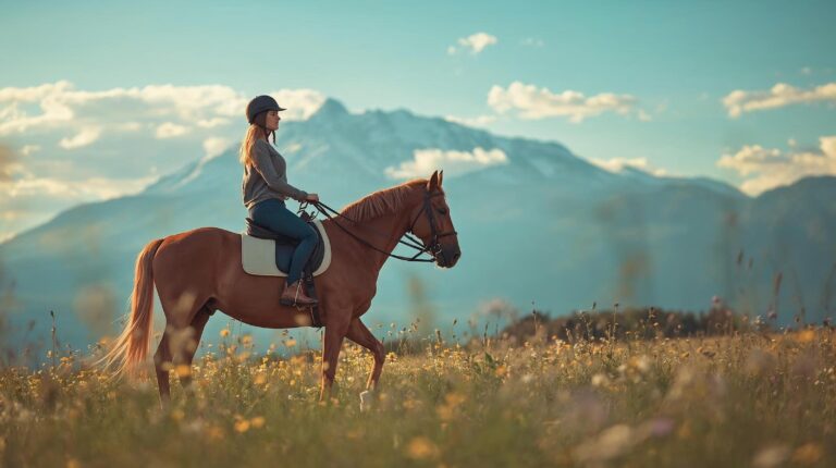 A woman rides a horse against the backdrop of the Pirin Mountains in the Bansko and Razlog region