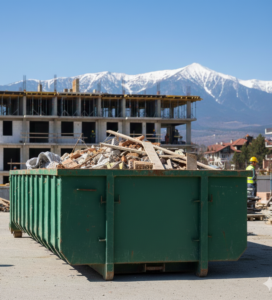 Голям зелен контейнер, пълен с дървени отломки, бетон и други строителни отпадъци, намиращ се на строителна площадка. На заден план се вижда незавършена сграда с открити етажи и висока планина със снежни върхове под ясно синьо небе.