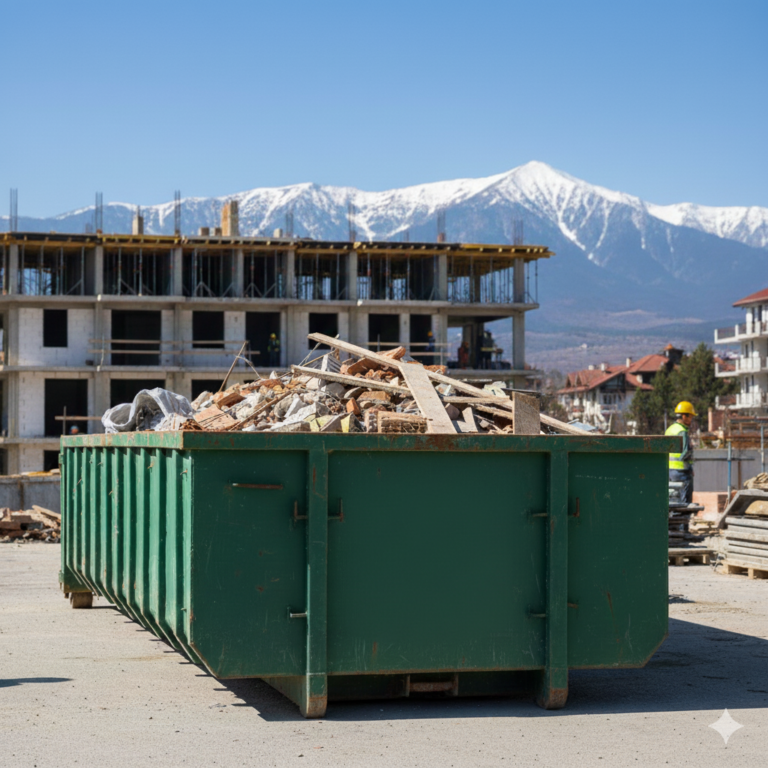 A large green container filled with wood chips, concrete and other construction waste is seen at a construction site. In the background, an unfinished building with open floors and a tall, snow-capped mountain are visible under a clear blue sky.