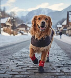 Златнен ретривър с кучешки обувки и зимно яке на разходка в заснежено Банско.