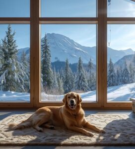 Златен ретривър пред камина в лобито на хотел в Банско с гледка към Пирин планина.