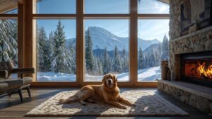 A golden retriever in front of a fireplace in the lobby of a hotel in Bansko with a view of the Pirin Mountains.