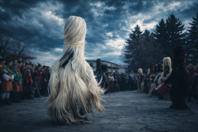 Kukeri in traditional leather costumes dance in the square, surrounded by an audience, under a dramatic cloudy sky