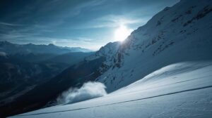 Avalanche-dangerous slope and gullies in Pirin Mountain above Bansko ski area in winter.