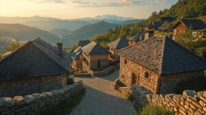 Traditional stone houses in the architectural reserve of Kovachevitsa and Leshten.