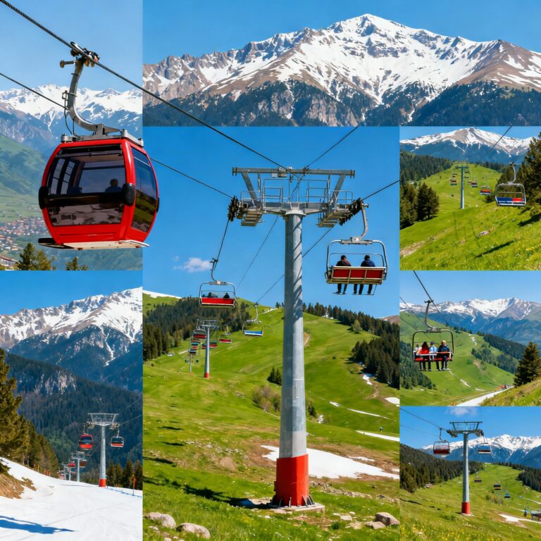 A collage of photos showing different types of lifts in a mountain resort. Includes a red gondola against a backdrop of snow-capped peaks and chairlifts carrying tourists over green summer meadows and winter slopes in the Pirin Mountains.