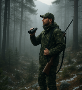 Ловец с бинокъл в мъглива иглолистна гора в българските планини, рано сутрин, със съвременна камуфлажна екипировка.