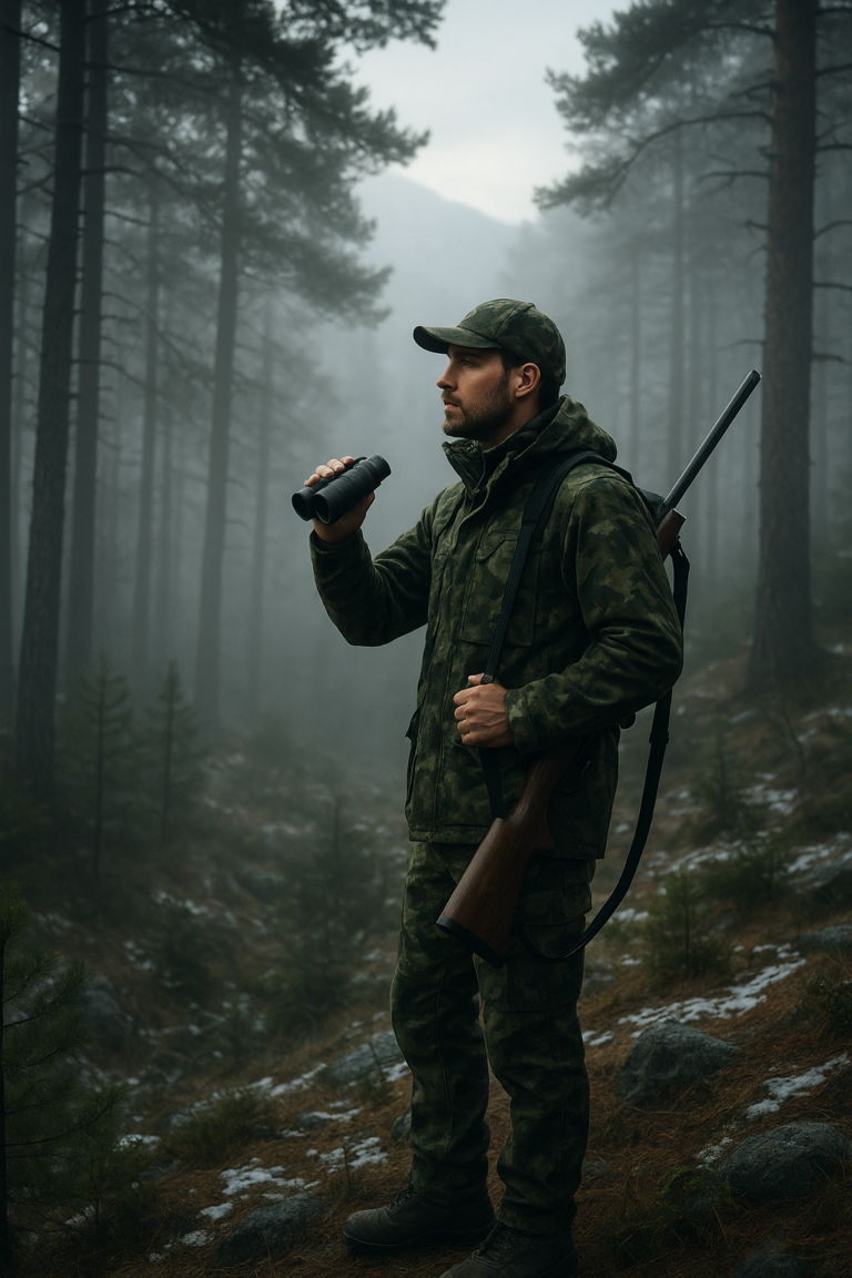 A hunter with binoculars in a foggy coniferous forest in the Bulgarian mountains, early in the morning, wearing modern camouflage equipment.
