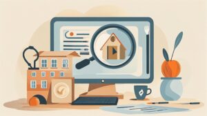 Digital illustration of a work desk with a computer showing a real estate search with a magnifying glass, and an architectural model of a building.
