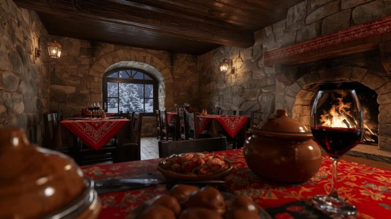 Traditional tavern in Bansko with fireplace, red wine and Banska Kapama in a clay pot