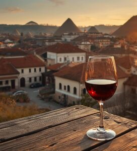 Панорама на Мелник с пясъчните пирамиди и стари възрожденски къщи