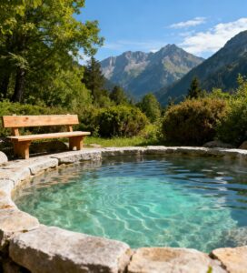 разположен в планината. На заден план се виждат високи, скалисти планински върхове, буйна зелена растителност и дървена пейка