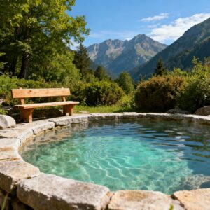located in the mountains. In the background are high, rocky mountain peaks, lush green vegetation, and a wooden bench