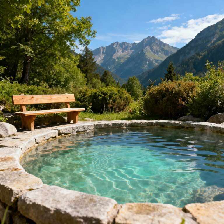 located in the mountains. In the background are high, rocky mountain peaks, lush green vegetation, and a wooden bench